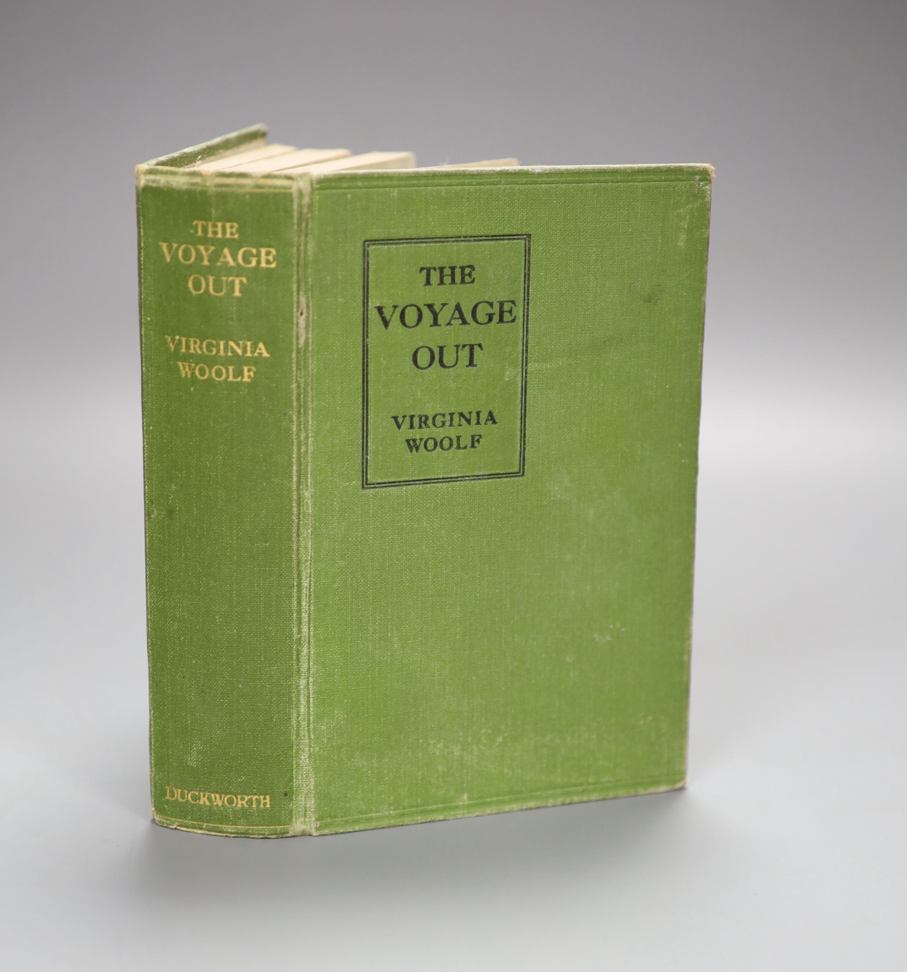 Woolf, Virginia- The Voyage Out, 1st edition, original cloth, gilt titling to spine, bumped and rubbed, title and early and final leaves spotted, Duckworth & Co., London, 1915, Note:- Only 2000 copies printed on March 26